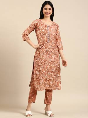 women's round neck ethnic motifs batik brown straight kurta and trouser 3