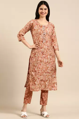 women's round neck ethnic motifs batik brown straight kurta and trouser