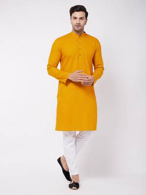 Mustard And White Cotton Blend Kurta Pyjama Set 1