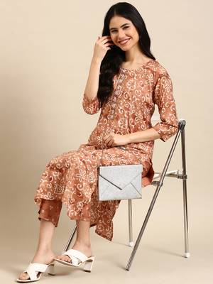 women's round neck ethnic motifs batik brown straight kurta and trouser 4