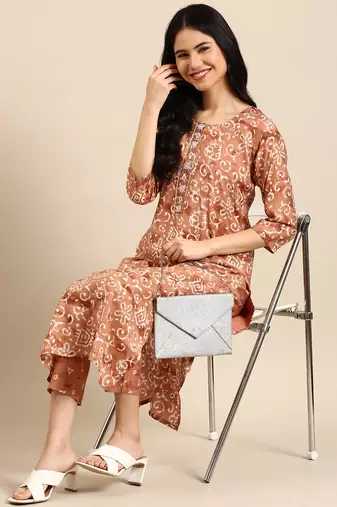 women's round neck ethnic motifs batik brown straight kurta and trouser