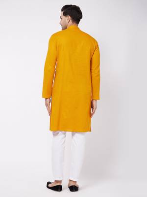 Mustard And White Cotton Blend Kurta Pyjama Set 3