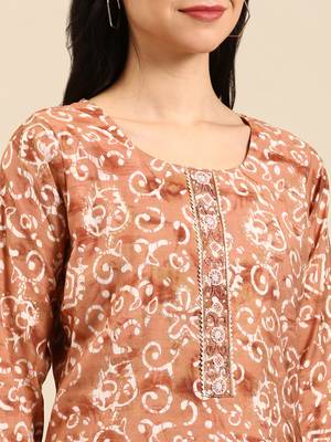 women's round neck ethnic motifs batik brown straight kurta and trouser 5