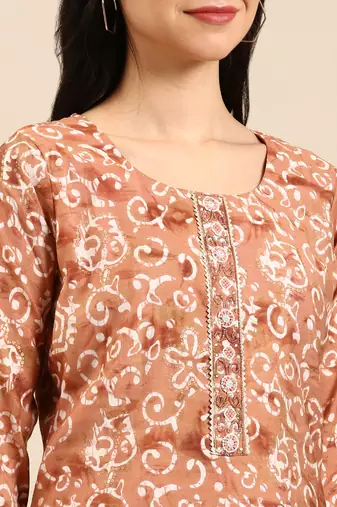 women's round neck ethnic motifs batik brown straight kurta and trouser