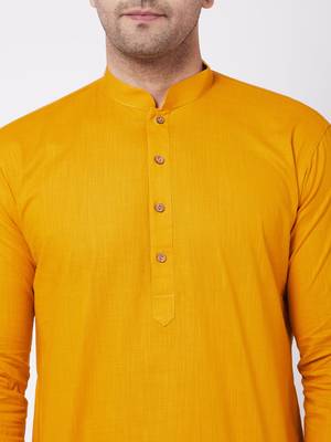 Mustard And White Cotton Blend Kurta Pyjama Set 4
