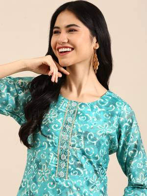 women's round neck ethnic motifs batik turquoise blue straight kurta and trouser 1