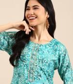 women's round neck ethnic motifs batik turquoise blue straight kurta and trouser