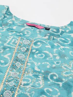 women's round neck ethnic motifs batik turquoise blue straight kurta and trouser 2