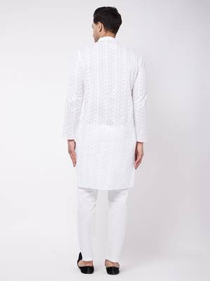 White Pure Cotton Kurta Pyjama Set 3