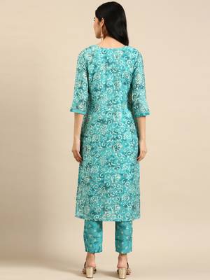 women's round neck ethnic motifs batik turquoise blue straight kurta and trouser 4