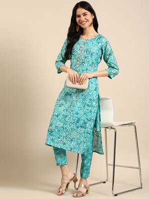 women's round neck ethnic motifs batik turquoise blue straight kurta and trouser 5