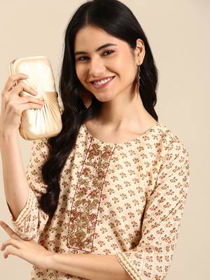women's round neck ethnic motifs block print cream straight kurta and trouser 1