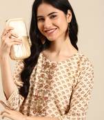 women's round neck ethnic motifs block print cream straight kurta and trouser