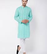 Green And White Pure Cotton Kurta Pyjama Set