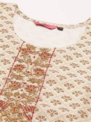women's round neck ethnic motifs block print cream straight kurta and trouser 2