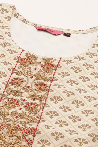 women's round neck ethnic motifs block print cream straight kurta and trouser