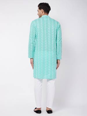 Green And White Pure Cotton Kurta Pyjama Set 3