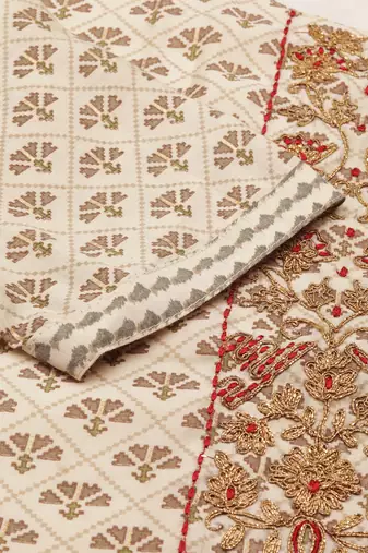 women's round neck ethnic motifs block print cream straight kurta and trouser