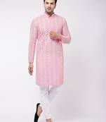 Pink And White Pure Cotton Kurta Pyjama Set