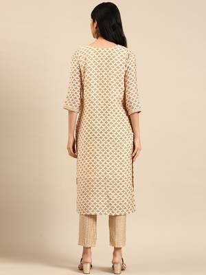 women's round neck ethnic motifs block print cream straight kurta and trouser 4