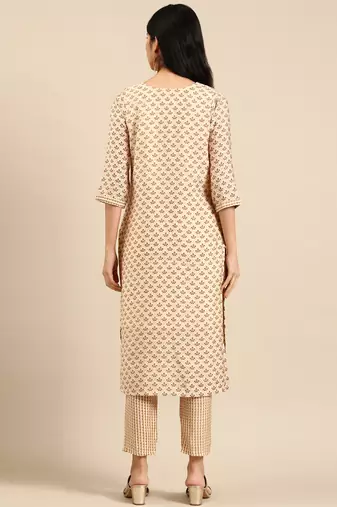 women's round neck ethnic motifs block print cream straight kurta and trouser