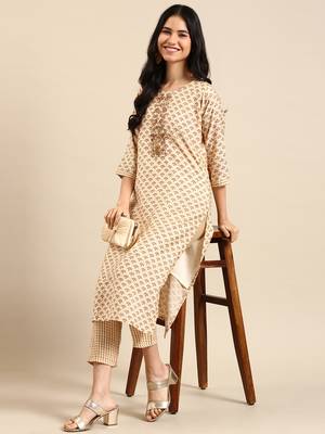 women's round neck ethnic motifs block print cream straight kurta and trouser 5