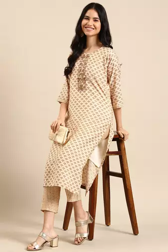 women's round neck ethnic motifs block print cream straight kurta and trouser