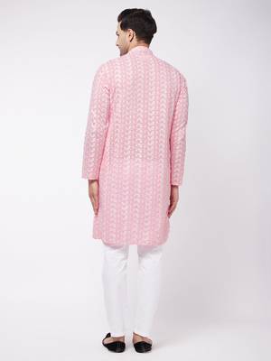 Pink And White Pure Cotton Kurta Pyjama Set 3