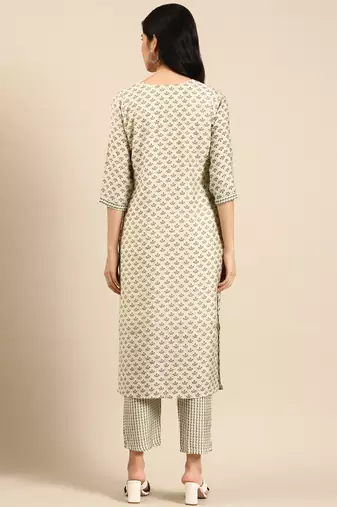 women's round neck ethnic motifs block print green straight kurta and trouser