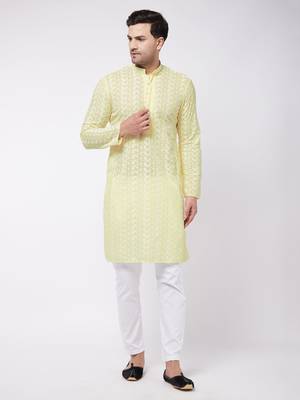 Yellow And White Pure Cotton Kurta Pyjama Set 1