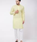 Men'S Yellow And White Pure Cotton Kurta Pyjama Set