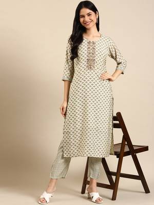 women's round neck ethnic motifs block print green straight kurta and trouser 5