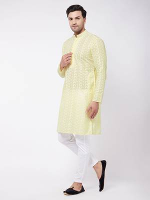 Yellow And White Pure Cotton Kurta Pyjama Set 2