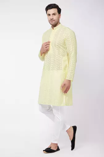 Yellow And White Pure Cotton Kurta Pyjama Set