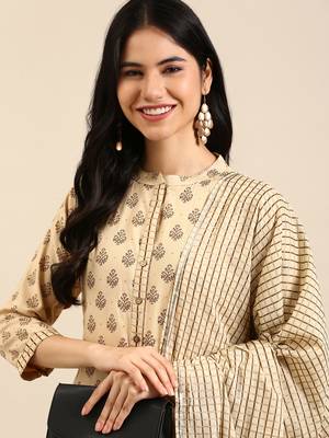 women's mandarin collar ethnic motifs foil print beige straight kurta and trouser with dupatta 1