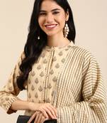 women's mandarin collar ethnic motifs foil print beige straight kurta and trouser with dupatta