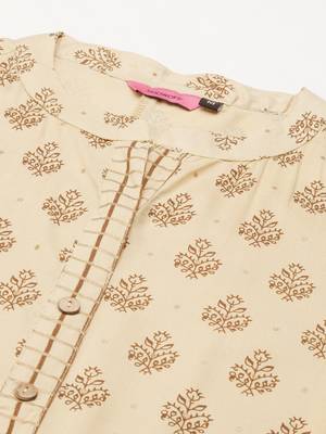 women's mandarin collar ethnic motifs foil print beige straight kurta and trouser with dupatta 2