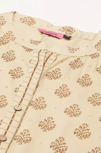 women's mandarin collar ethnic motifs foil print beige straight kurta and trouser with dupatta