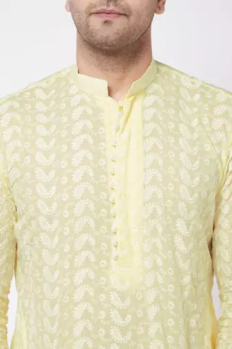 Yellow And White Pure Cotton Kurta Pyjama Set