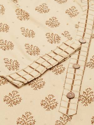women's mandarin collar ethnic motifs foil print beige straight kurta and trouser with dupatta 3