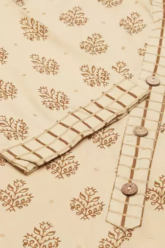 women's mandarin collar ethnic motifs foil print beige straight kurta and trouser with dupatta
