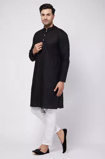 Black And White Cotton Blend Kurta Pyjama Set