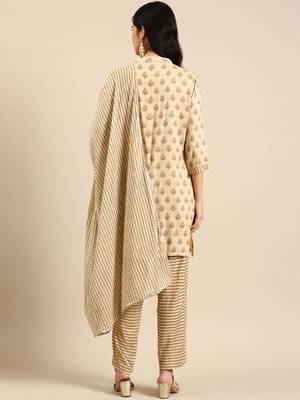 women's mandarin collar ethnic motifs foil print beige straight kurta and trouser with dupatta 4