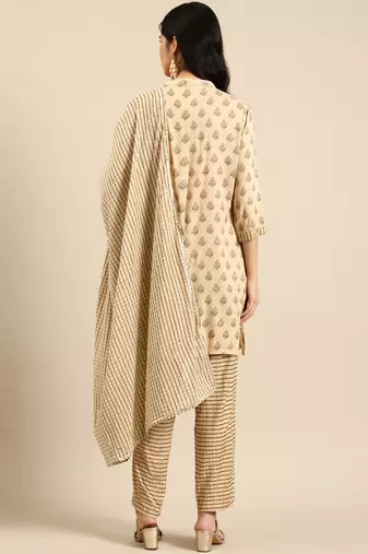 women's mandarin collar ethnic motifs foil print beige straight kurta and trouser with dupatta