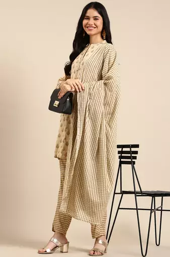 women's mandarin collar ethnic motifs foil print beige straight kurta and trouser with dupatta