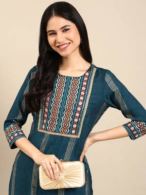 women's round neck checked foil print teal straight kurta and trouser 1