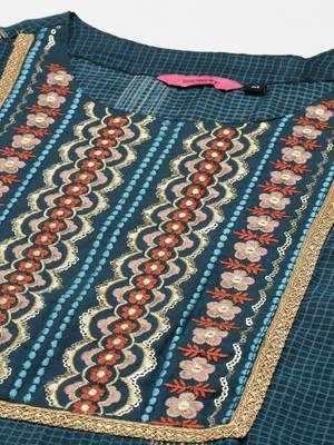 women's round neck checked foil print teal straight kurta and trouser 2