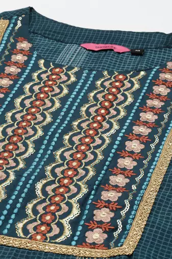 women's round neck checked foil print teal straight kurta and trouser