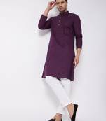 Purple And White Cotton Blend Kurta Pyjama Set
