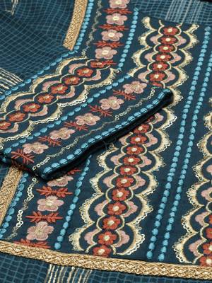 women's round neck checked foil print teal straight kurta and trouser 3